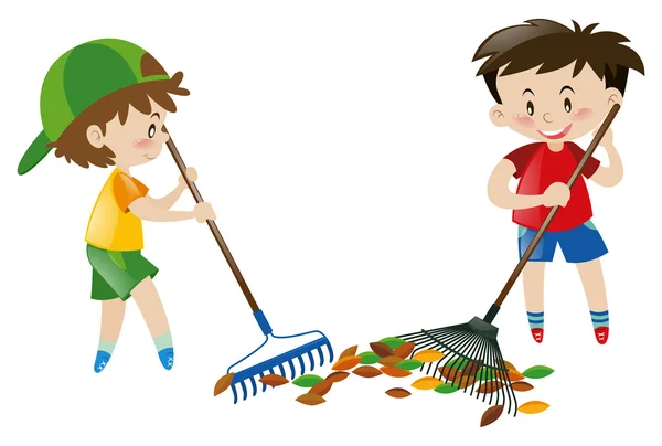 Due ragazzo spazzare foglie con rastrelli — Vettoriale Stock