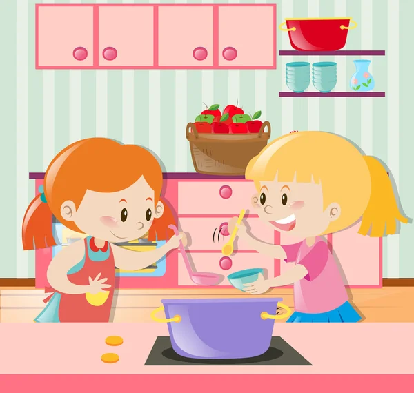 Dua gadis membuat sup di dapur Stok Ilustrasi 