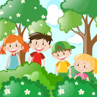 Dört çocuk çalılıkların arkasında duran