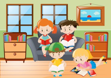 Dört çocuk oturma odasında okuma