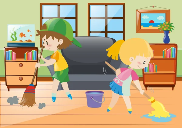 Dvě děti vytírání a zametání podlahy — Stockový vektor