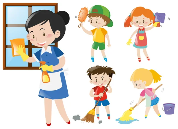 Mucama y niños haciendo tareas — Vector de stock