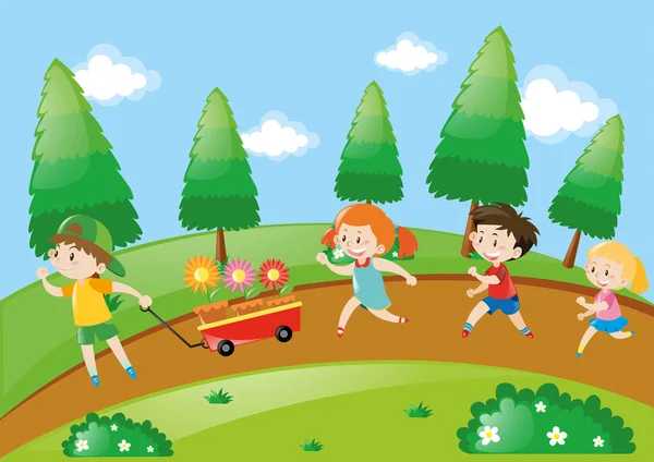 Діти біжать в парку вдень — стоковий вектор