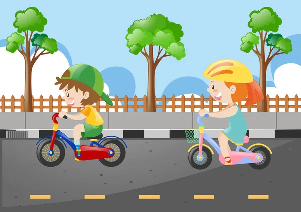 Двое детей едут на велосипеде по дороге — стоковый вектор