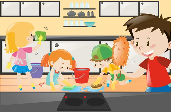 Pojkar och flickor rengöring i köket — Stock vektor