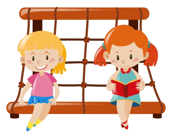 Two girls sitting on rope climbing station — Stock Vector