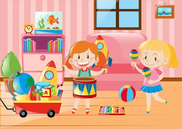 Two girls playing in living room full of toys — Stock Vector