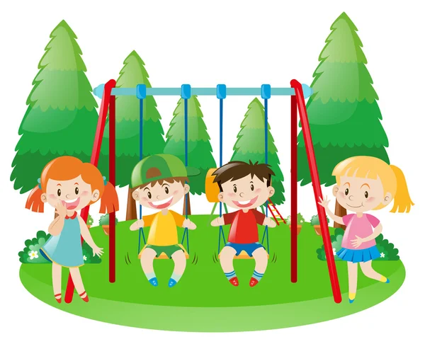 Niñas y niños en swing — Vector de stock