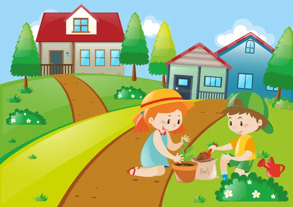 Cute kids planting trees Vector Graphics
