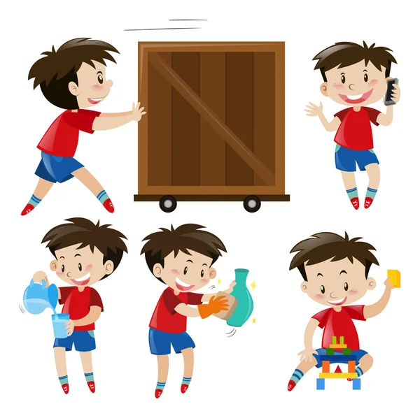 Boy in red shirt doing different things — Stock Vector