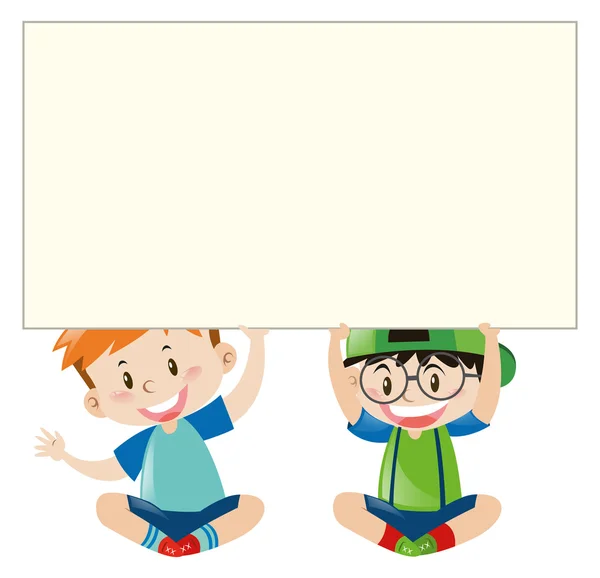 Dos chicos felices y papel en blanco — Vector de stock