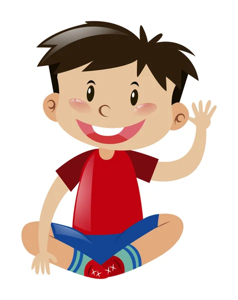 Niño pequeño con camisa roja saludando la mano — Vector de stock