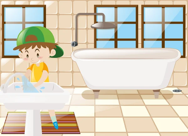 トイレで手を洗っている少年 — ストックベクタ