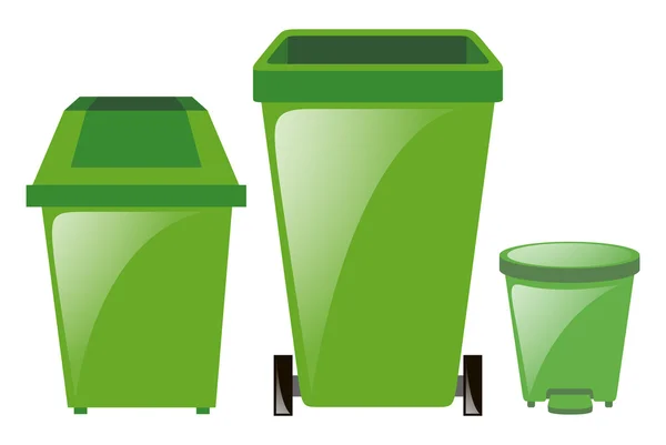 Üç farklı boyutlarda yeşil trashcans — Stok Vektör