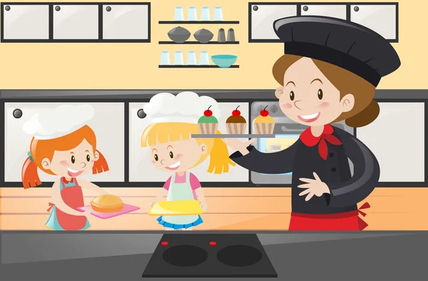 Baker et les enfants dans la cuisine — Image vectorielle