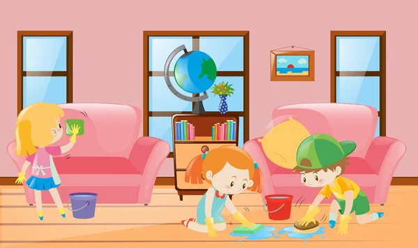 거실을 청소 하는 3 명의 아이 들 — 스톡 벡터