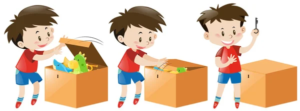 Ragazzo apre scatola piena di giocattoli — Vettoriale Stock