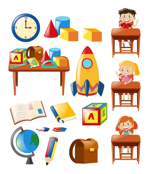 Students and school objects set — Stockový vektor