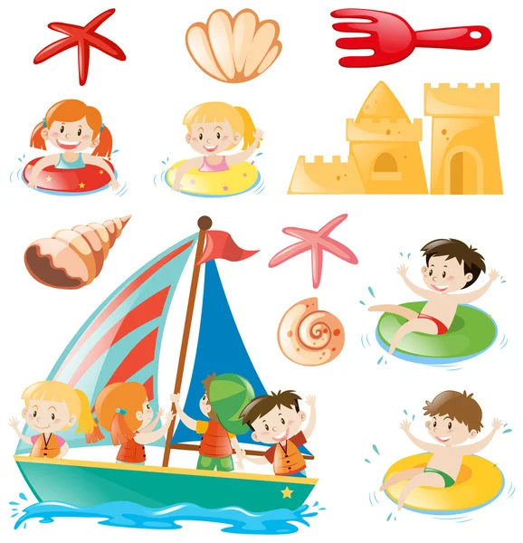 Gyerekek, a csónak és a strand objektumok — Stock Vector