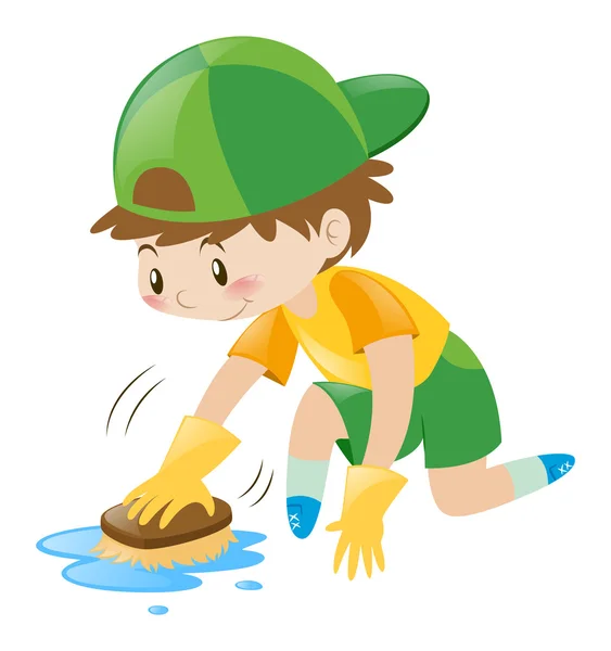 Boy cleaning the floor with brush — Stock vektor