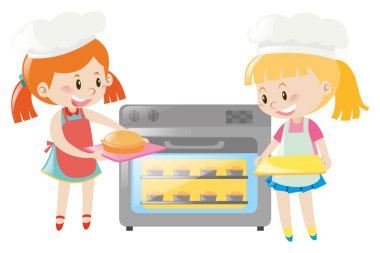 İki kız pasta fırında pişirme