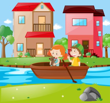 Sahne çocuklar kürek teknesi ile