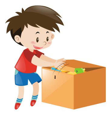 Ahşap kutusunda şeyler koyarak çocuk