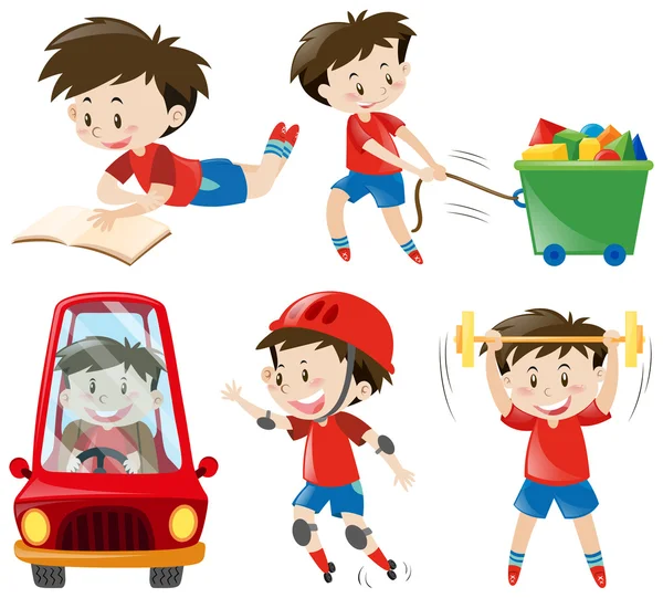 Boy in red shirts doing different actions — Stock Vector