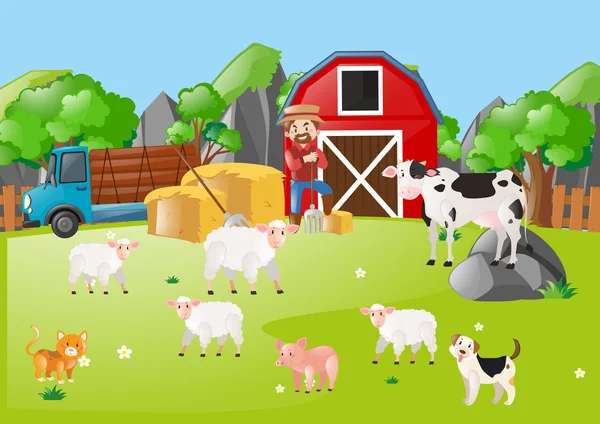 Scena con agricoltore e animali in campo — Vettoriale Stock