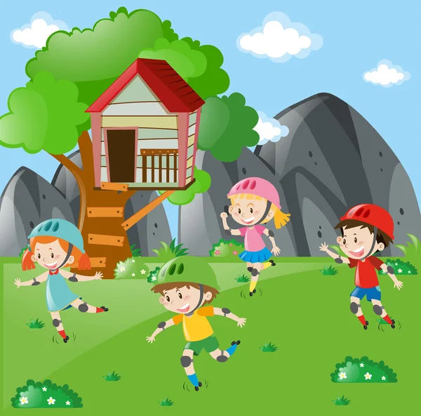 Patinage des enfants dans le jardin — Image vectorielle
