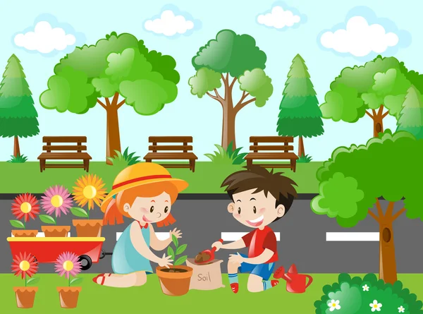 Scene with kids planting tree — Stock Vector