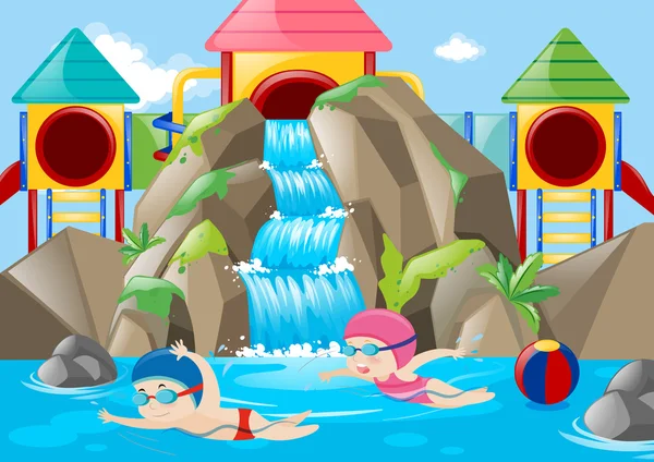 Szene mit Kindern beim Schwimmen im Wasserpark — Stockvektor
