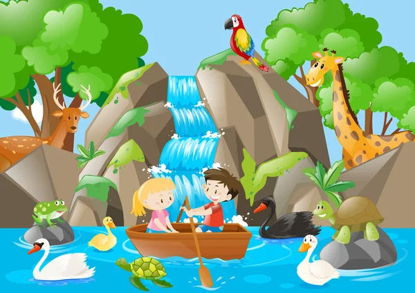 Crianças remo barco no rio cheio de animais — Vetor de Stock