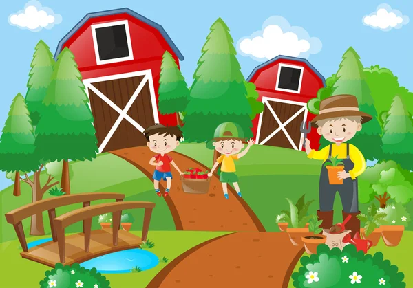 Agricultor y niños que trabajan en la granja — Vector de stock