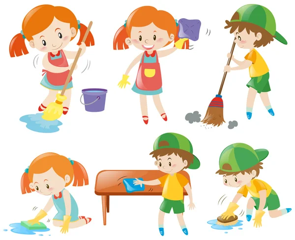 Boys and girls doing chores — Stock Vector