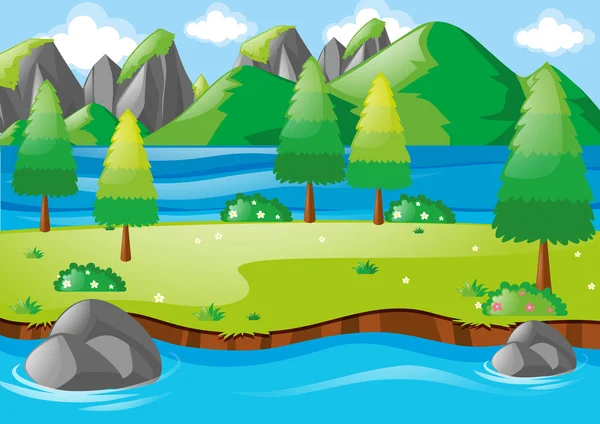 Nature scene with river and mountains — Stock Vector
