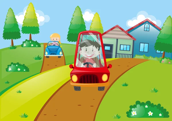 Kinder fahren Kleinwagen auf der Straße — Stockvektor