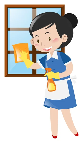 Happy maid cleaning window — Stock Vector