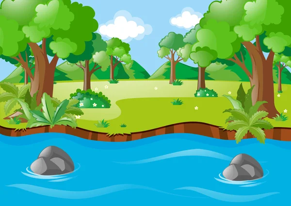Scène nature avec rivière et champ — Image vectorielle