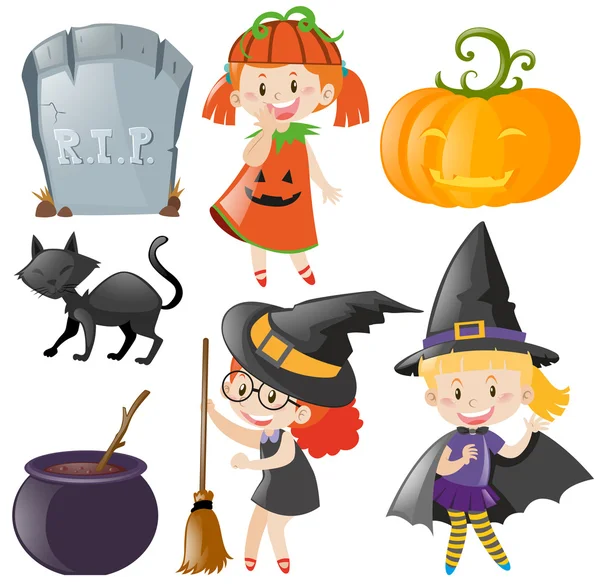 Halloween-Set mit Kindern in Kostümen — Stockvektor