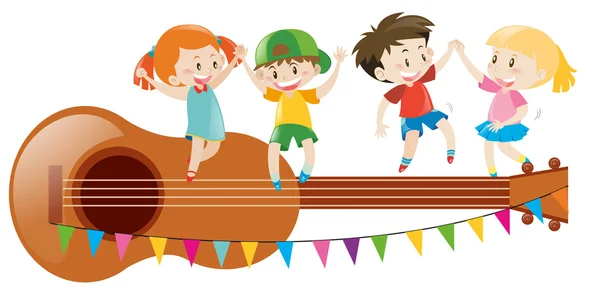 Kids dancing on giant guitar — Stock Vector