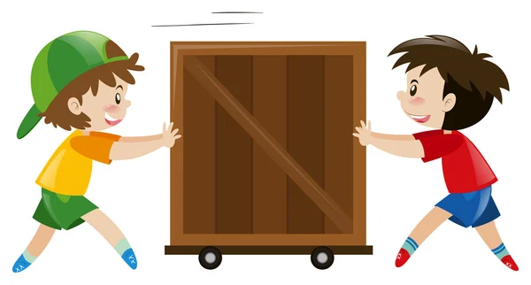 Two boys pushing wooden box — Stock Vector