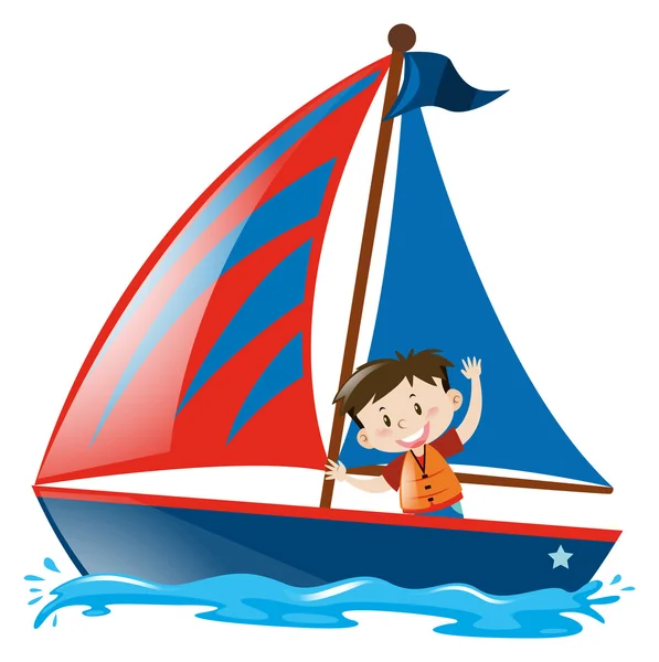 Pojke på blå segelbåt — Stock vektor