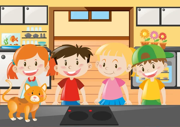站在厨房里的四个孩子 — 图库矢量图片
