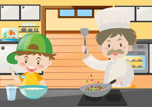 Шеф-кухар і хлопчик готують на кухні — стоковий вектор