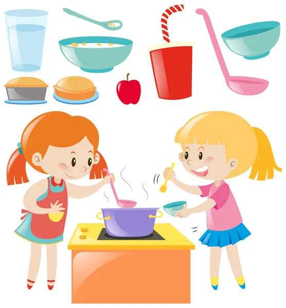 Zestaw dziewczyn, gotowanie i jedzenie — Wektor stockowy