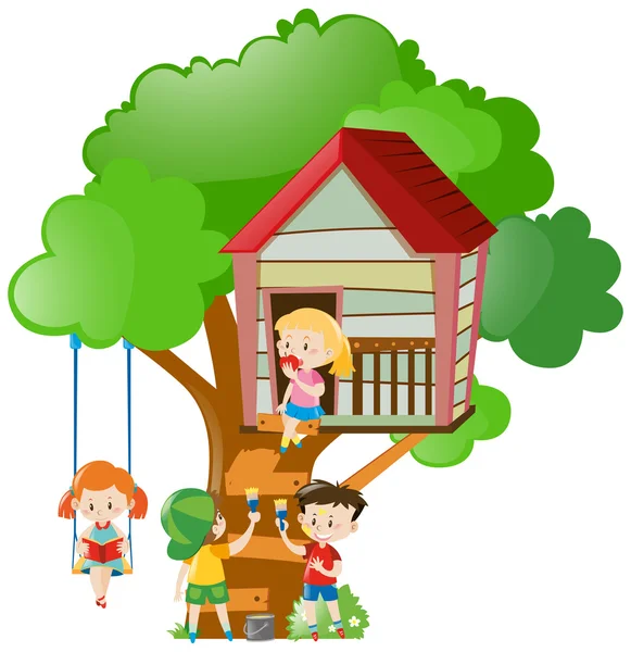 Niños jugando y pintando casa del árbol — Vector de stock