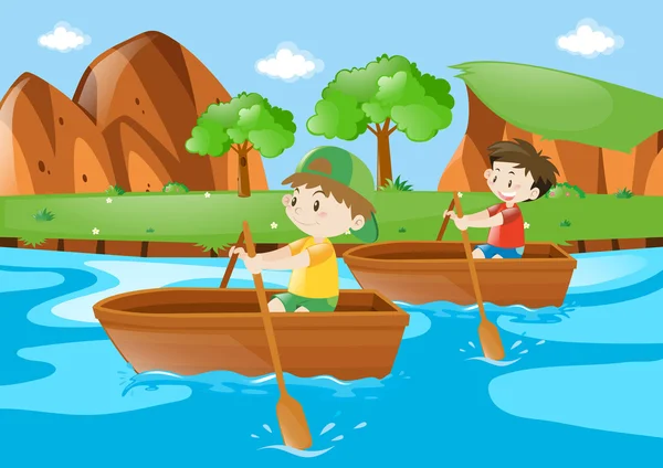 Dois meninos remo barco ao longo do rio —  Vetores de Stock