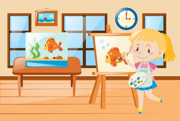 Dziewczyna rysunek rybka w pokoju — Wektor stockowy