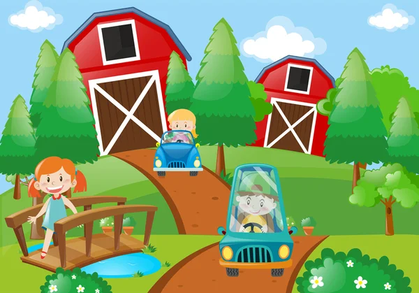 Дети за рулем автомобилей на ферме — стоковый вектор